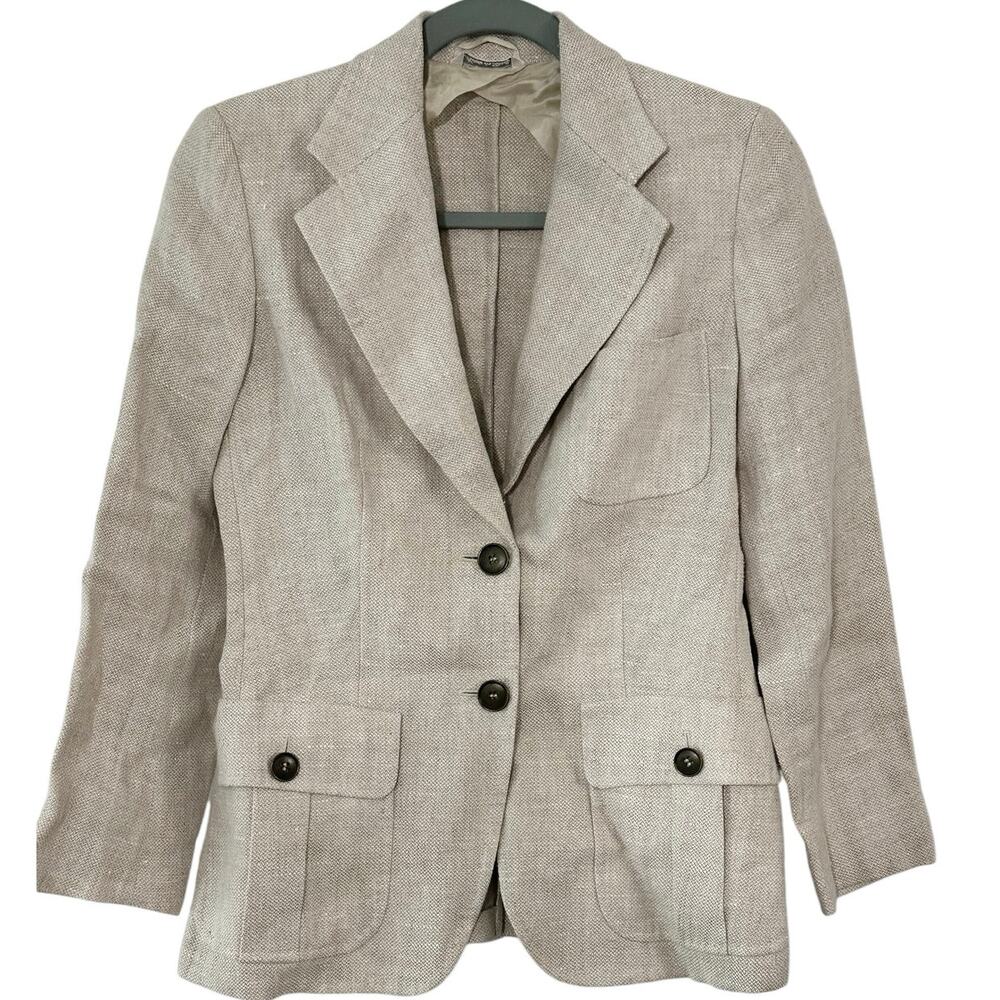 Max Mara 100% Linen Blazer Field Jacket Beige Safari Equestrian Preppy Italy - 2